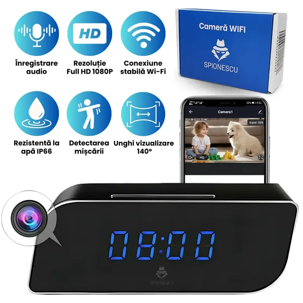 Camera Spion Ascunsa in Ceas Desteptator, WiFi, 1080P Full HD, Unghi 140°, Detectie Miscare, Night Vision, Acumulator 1200mAh, Inregistrare 24/7 - 64 GB