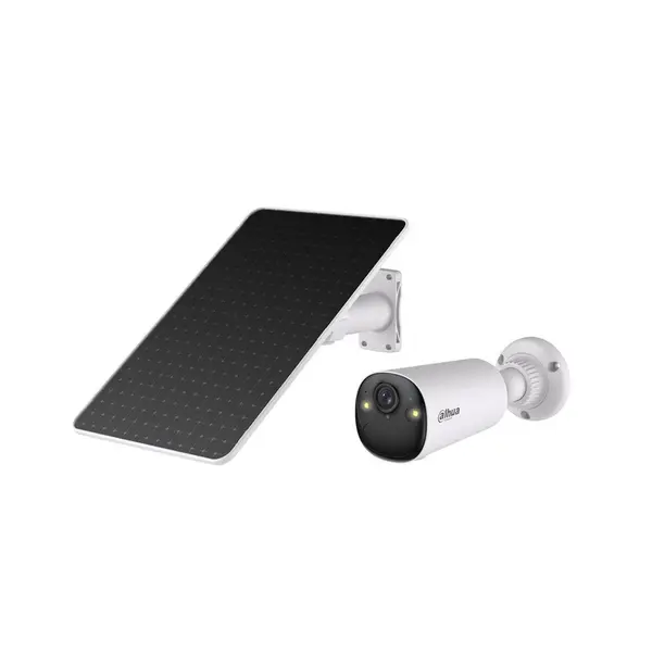 Camera supraveghere 4G cu panou solar si iluminare duala Dahua KIT/BF4CP-4G-0210B-XL/M0508, 4 MP, 2.1 mm, IR/lumina alba 15/20 m, PIR 12 m, detectie persoane si vehicule, microfon si difuzor, acumulator 32.4 Wh, alarma, slot card