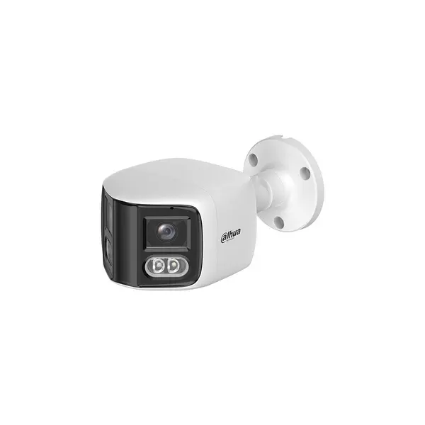 Camera supraveghere exterior IP cu lentila si iluminare duala Dahua WizSense IPC-PFW2849S-A180-E2-S-PV-0280B, 2 x 4 MP, 2 x 2.8 mm, IR/lumina alba 25/20 m, detectie AI, microfon si difuzor, alarma, slot card, PoE