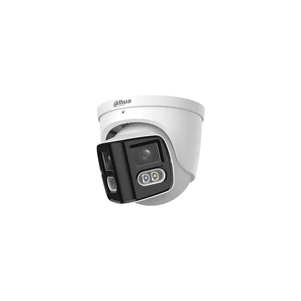 Camera supraveghere exterior IP Dome cu lentila si iluminare duala Dahua WizSense IPC-PDW2849-A180-E2-S-PV-0280B, 2 x 4 MP, 2x 2.8 mm, IR/lumina alba 25/20 m, detectie AI, microfon si difuzor, alarma, slot card, PoE