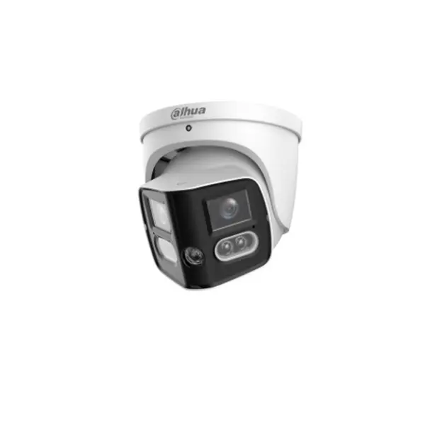 Camera supraveghere exterior IP Dome panoramica cu lentila si iluminare duala Dahua WizSense IPC-PDW3859-A180-E2-AS-PV-0280B, 2 x 4 MP, 2 x 2.8 mm, IR/lumina calda 30/30 m, detectie AI, alarma, microfon dublu, difuzor, slot card, PoE