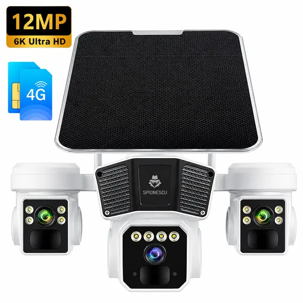 Camera Supraveghere Exterior Tripla 4G cu SIM, 12MP, Panou Solar + Baterie 16000mAh, Viziune Nocturna Color, Detectie PIR 10M, Audio Bidirectional, IP67, Fara Cablu, Fara Internet Fix – Q6