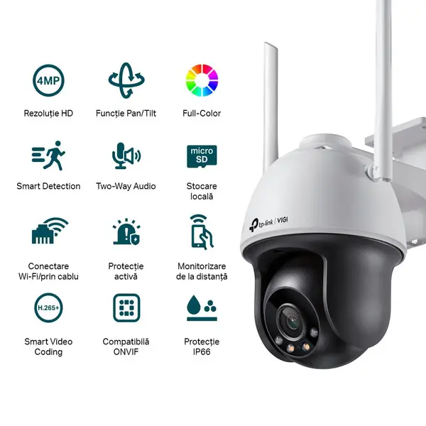 Camera supraveghere IP rotativa Wi-Fi exterior VIGI C540-W, 4MP Full-Color, lentila 4mm, Pan/Tilt, Dual Light, detectare persoane si vehicule, audio bidirectional, microSD 512GB, ONVIF, IP66