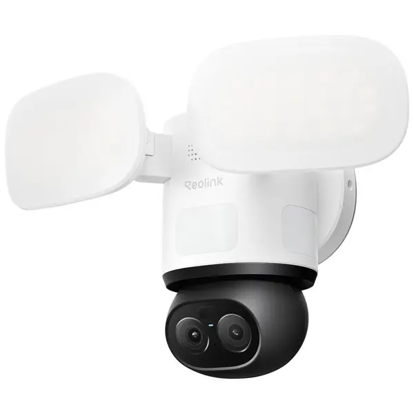 Camera supraveghere rotativa IP Speed Dome PTZ cu lentila duala Reolink TrackFlex Floodlight Full Color F850P, 8MP, 2.8/8 mm, PIR, slot card, IR/lumina alba 30 m, 2800 lumeni, microfon si difuzor, sirena, detectie smart, auto-tracking, PoE