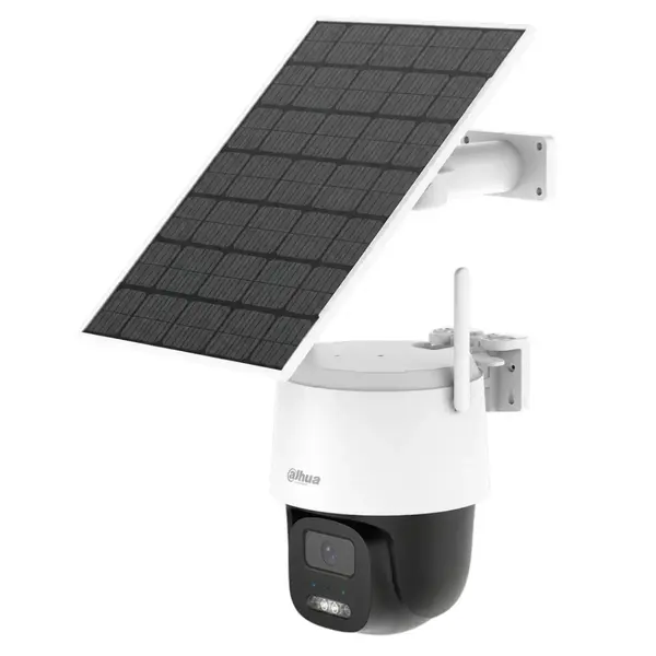 Camera supraveghere Wi-Fi 6 cu panou solar Dahua APOLLO BP5E, 5MP, dual-band, rotire, inclinare, iluminare Full-Color 30m, detectie AI om/vehicul, AOV 24/7, baterie, IP66