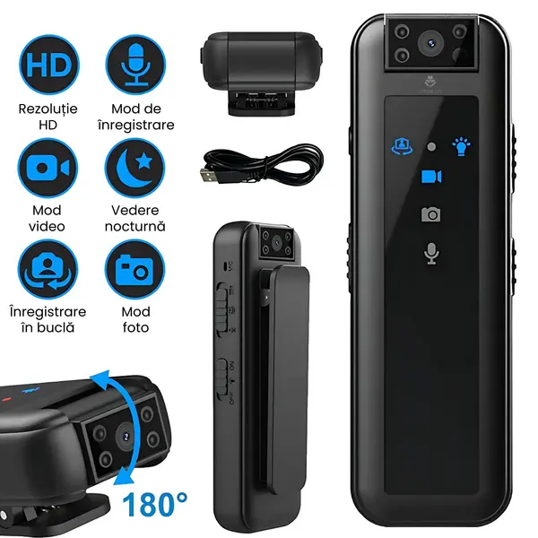 Camera video corporala, body cam full HD, 12 MP , baterie 600mAh, inregistrare continua 5 ore, rotatie camera 180°, microfon, vedere de noapte, dimensiuni reduse, negru