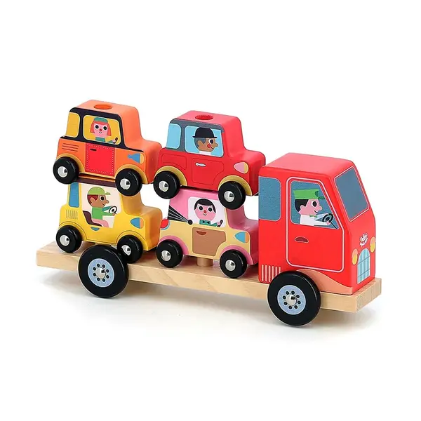 Camion cu 4 masinute - Jucarie de stivuire din lemn - Vilac