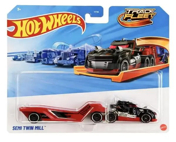 Camion metalic Hot Wheels Track Fleet - Semi Twin Mill, 1:64, roșu