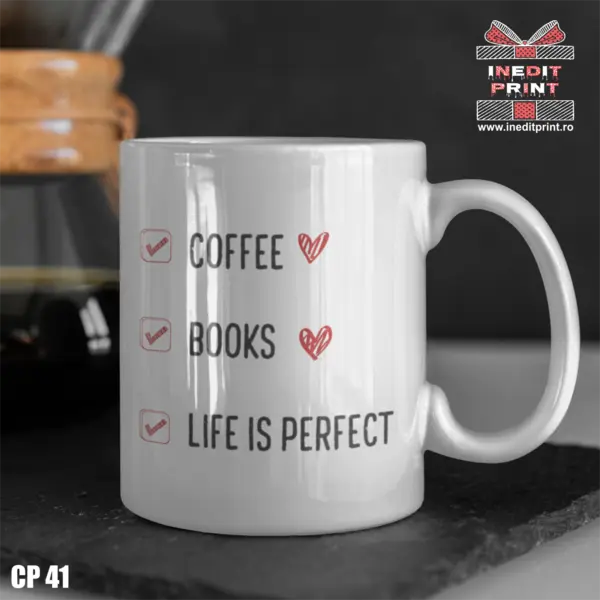 Cana Coffee, Books, Life is perfect CP41 Interior si toartă albastră