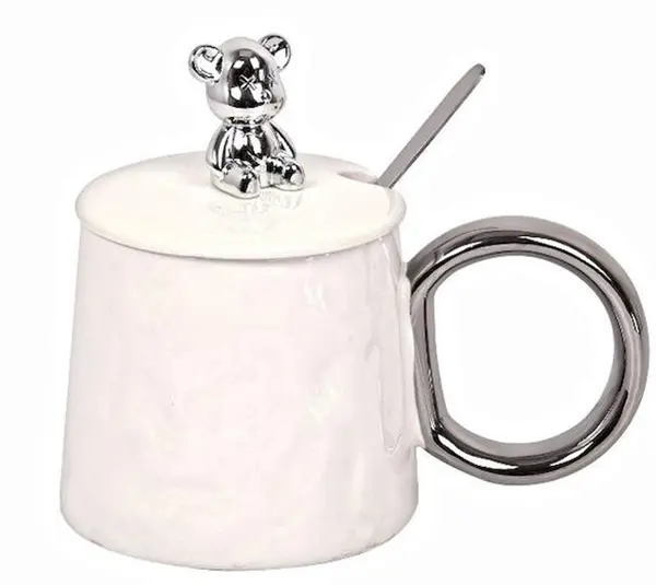 Cană cu capac Morello - Bear, cu linguriță, 300 ml, White