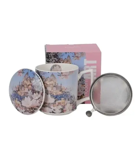 Cana cu capac portelan si infuzor inox, 450ml, Modern City of Magnolias