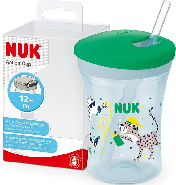Cană cu pai Nuk Evolution - Action Cup, 230 ml, verde