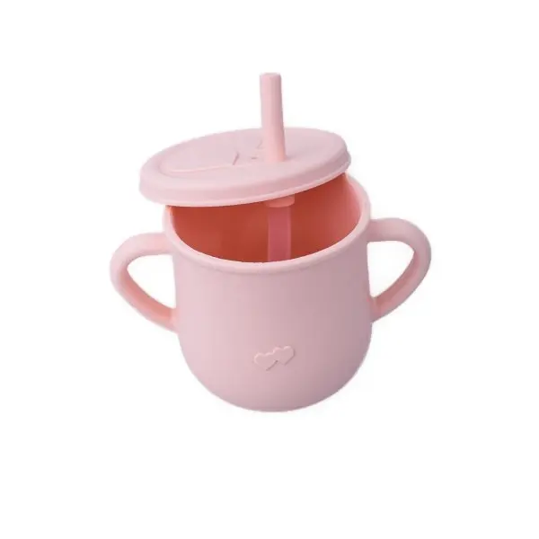 Cana din silicon cu manere si pai pentru copii 200 ml roz pal