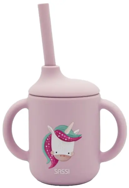 Cană din silicon cu paie Sassi - Sparkly The Unicorn, roz