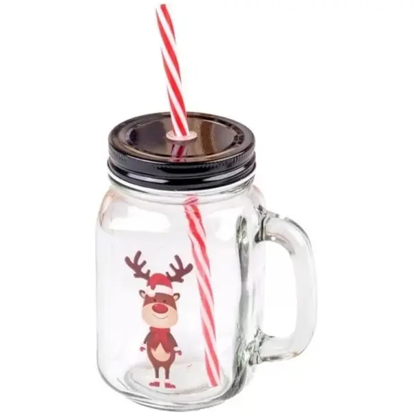 Cana din Sticla cu Decoratiuni de Craciun, Ren si Pai, 450 ml, Perfect Home