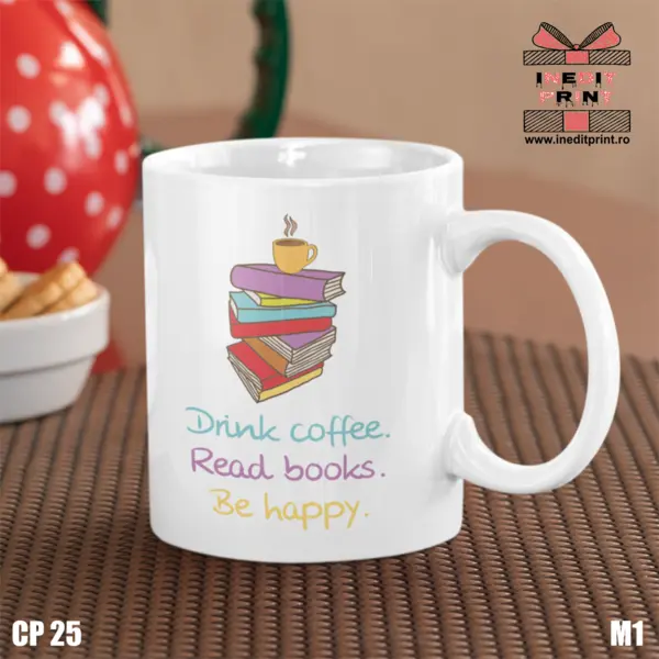 Cană Drink Coffee Read books CP25 Interior si toartă roz
