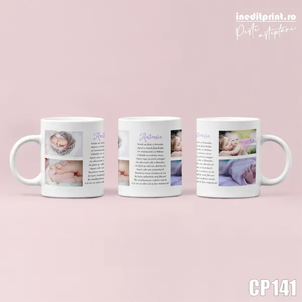 Cana personalizata cu 4 poze si text CP141 Termosensibila albastra