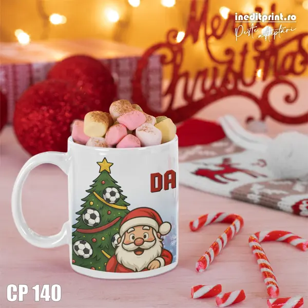 Cana personalizata de Craciun pentru micii fotbalisti CP140 Alb
