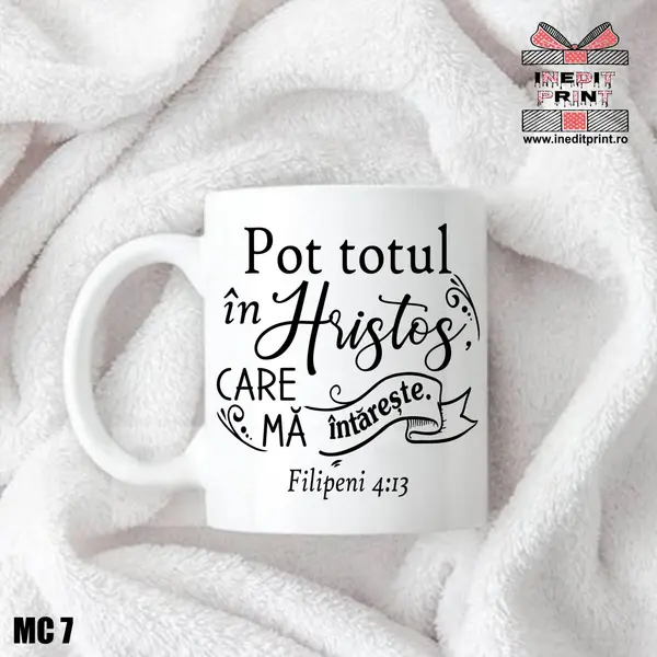 Cana verset Filipeni 4:13 MC7 Alb cu interior si toarta Portocalie