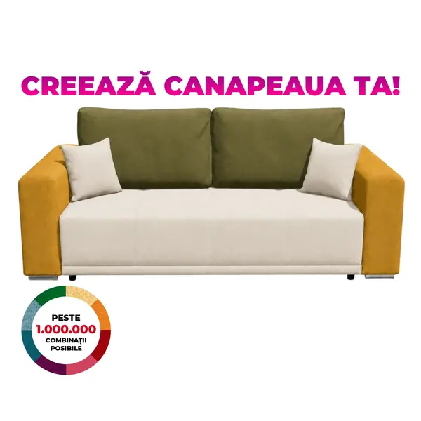 Canapea BERNA extensibila, 3 locuri, cu arcuri si lada depozitare, 238x108x77 cm, Configurator 3D