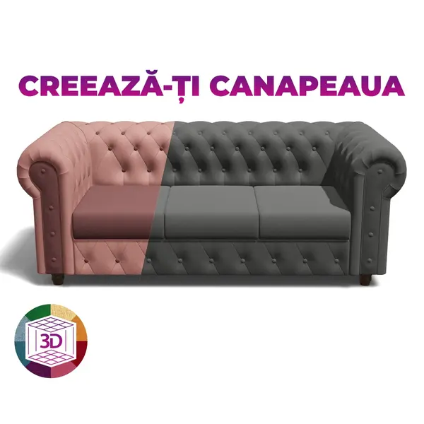 Canapea CHESTERFIELD extensibila, 3 locuri, cu arcuri, 205x90x80 cm, Configurator 3D