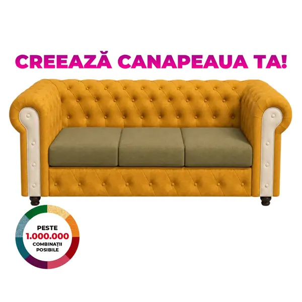 Canapea CHESTERFIELD extensibila, 3 locuri, cu arcuri, 205x90x80 cm, Configurator 3D