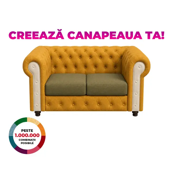 Canapea CHESTERFIELD fixa, 2 locuri, cu arcuri, 168x90x80 cm, Configurator 3D