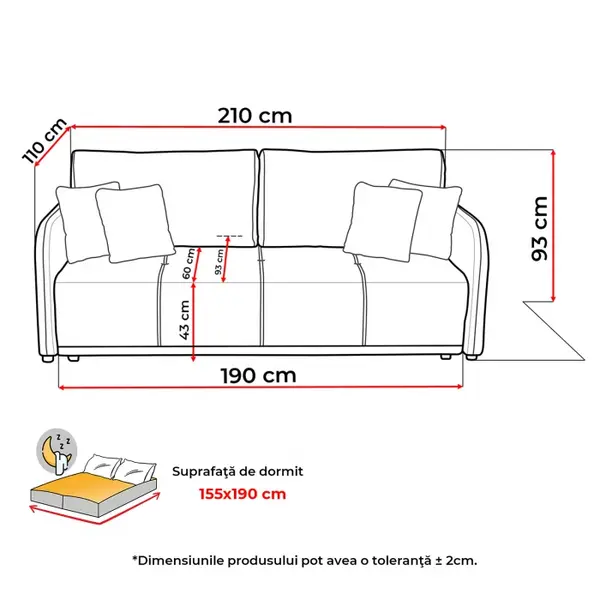 Canapea extensibila BERNA S, 3 locuri, cu arcuri si lada depozitare, 210x110x90 cm, Configurator 3D