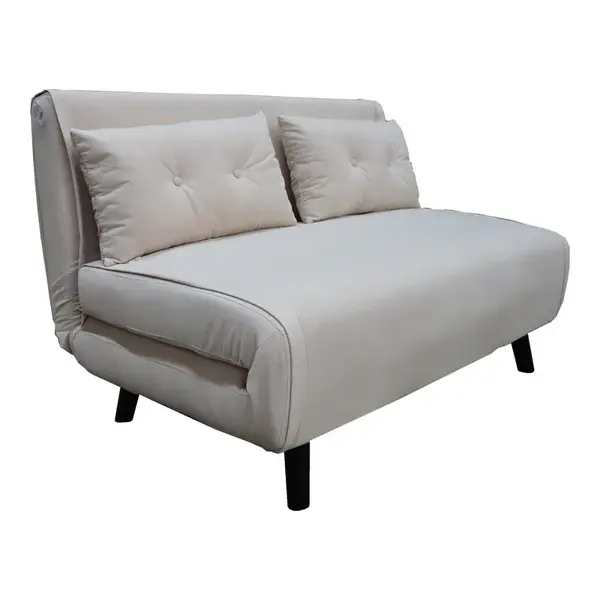 Canapea extensibila cu doua locuri Josuane, catifea bej, picioare din lemn, negru, 122x80x81 cm