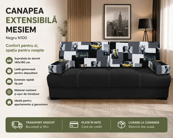 Canapea Extensibila Mesiem Negru N100 cu Lada de Depozitare si Suprafata de Dormit 140x190 cm