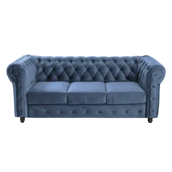 Canapea fixa CHESTERFIELD, 3 locuri, cu arcuri, albastru, 205x90x80 cm