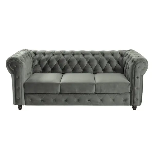 Canapea fixa CHESTERFIELD, 3 locuri, cu arcuri, gri deschis, 205x90x80 cm