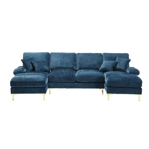 Canapea modulară mare, modernă, în formă de U, din chenille, cu dublu șezlong rabatabil, Albastru