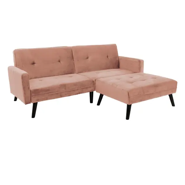 Canapea - pat Dream cu taburet din catifeaa marului putred, Roz, 209x157x80 cm