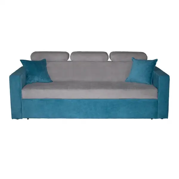 Canapea TESSA extensibila, 3 locuri, tetiere si lada depozitare, turcoaz + gri, 240x90x90 cm