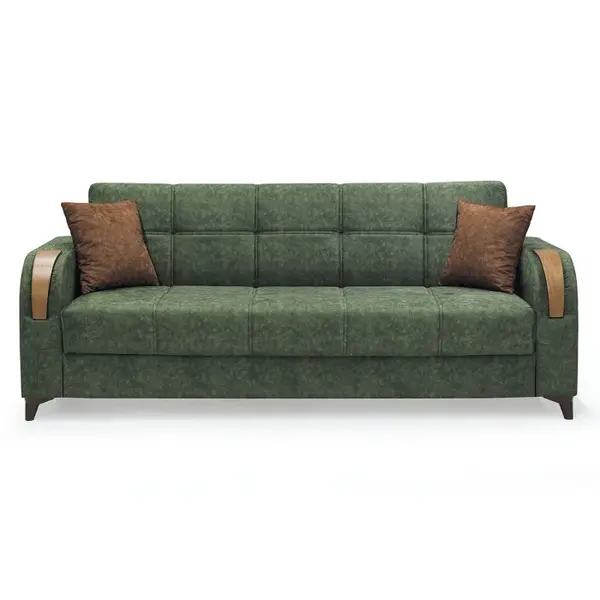 Canapea ZETA extensibila, 3 locuri, cu arcuri si lada depozitare, verde + maro, 225x84x85 cm