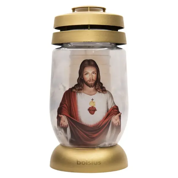 Candela Bolsius din Sticla 3 l cu Hristos, Aurie, 36 Ore