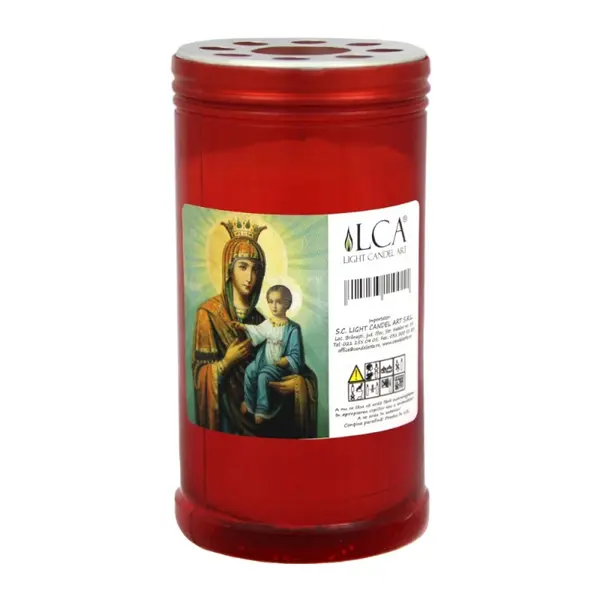 Candela Plastic Rosu cu Capac Anti-Vant Auriu, 72 Ore, Inaltime 15.5 cm