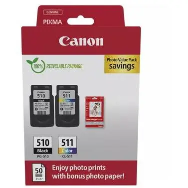 Canon Pachet cartuse cerneala Canon Photo Value Pack 2970B017AA, PG-510 Negru, CL-511 Color + 50 Coli foto 10x15 cm