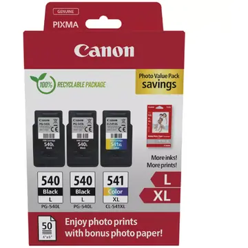 Canon Pachet cartuse cerneala Canon Photo Value Pack 5224B015AA, 2x PG-540L, 1x CL-541XL Color + 50 Coli foto 10x15 cm, Negru