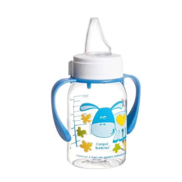 Canpol 11/823 blu biberon cu maner, gat ingust, pp cute animals 120ml