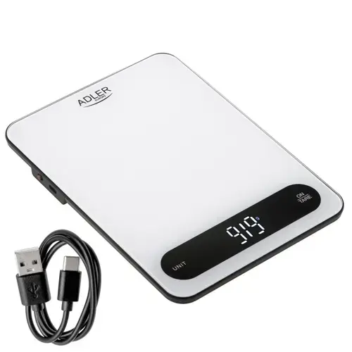 Cantar de bucatarie Adler AD 3177wb, max 10 kg, Diviziune 1 g, Display LED, USB Type-C (Alb/Negru)