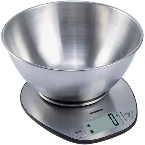 Cantar de bucatarie cu bol Heinner HKS-5SS, 5 kg, Functie tara, Functie cantarire lichide, Display lcd (Inox)