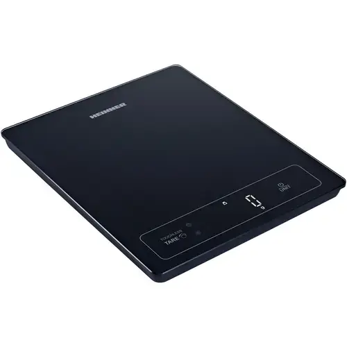 Cantar de bucatarie inteligent Heinner HKS-SM15BK, 15 kg, sticla securizata 4mm, functie bluetooth, display led, control touch, gradare: 1g, functie Cantarire lichide, design depozitare verticala, baterii: 3 x 1.5v aaa (nu sunt incluse) (Negru)
