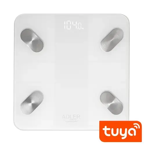 Cantar electronic inteligent de baie Adler AD 8186, Bluetooth, Tuya, display LED, 180 kg, platforma de sticla 6 mm, apa/grasime/masa musculara/masa osoasa, Auto ON/OFF (Alb)