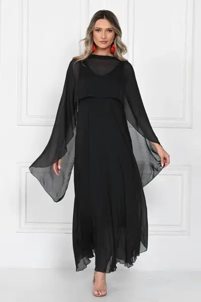 Capa dama din matase si vascoza tip kimono, croi fluid pentru layering, neagra