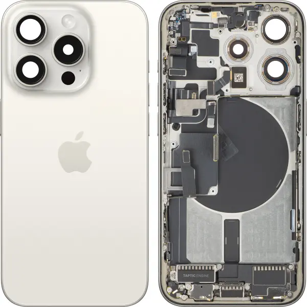 Capac Baterie Apple iPhone 15 Pro, Cu Carcasa Mijloc, Full Parts, Alb (White Titanium), Swap
