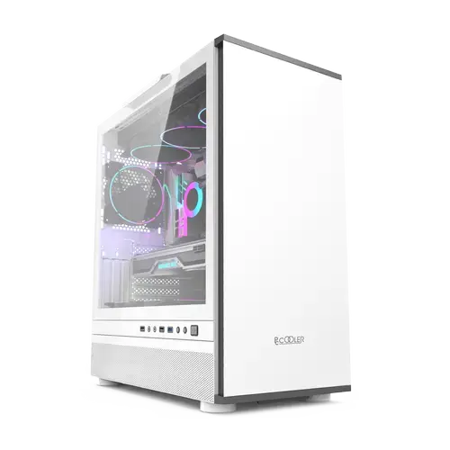 Carcasa PCCOOLER, Tower, ATX, fara sursa, sticla securizata, 1 ventilator inclus, USB 3.2 gen 1 x 1, USB 2.0 x 2, mic, audio (Alb)