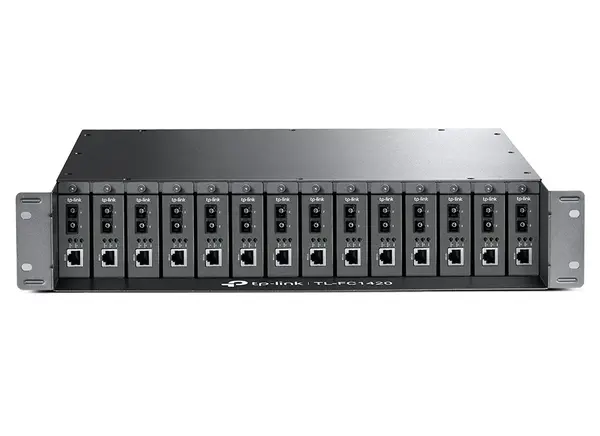 Carcasa rackabila, suporta pana la 14 media convertoare, 5VDC/0.6A, protectie la supratensiune, 2x ventilatoare de racire, TP-LINK TL-FC1420