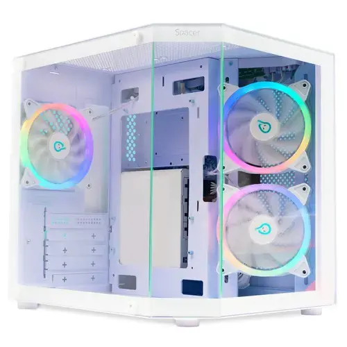 Carcasa SPACER AQUARIUM, Mini Tower, mATX, fara sursa, sticla securizata, USB 3.0 x 1, USB Type-C x 1, HD-Audio, Jack 3.5mm x 1, PSU shroud, Alb